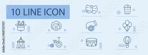 Circus set icon. Hat, clown, mask, cannon, popcorn, tent, bike, drum, balloons, air balloon, show, performance, festival, fun, entertainment, magic, carnival, joy, costume