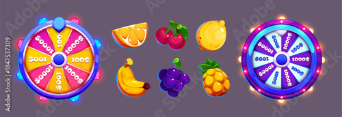 Fortune wheel casino game assets with colorful slot fruit icons - orange slice and cherry, lemon and banana, grape and pineapple. Spinning fortune roulette with prize sections and glowing bulbs.