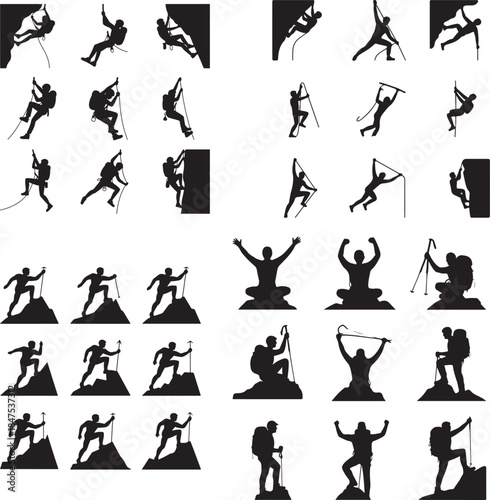 “Mountain Climber at Peak Silhouette – Summit Achievement, Goal, Success Icon”