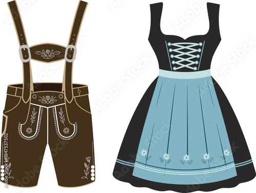 Traditional, Bavarian, German, clothing, Lederhosen, Dirndl, Oktoberfest, folk, costume, embroidered, leather, dress, suspenders, apron, bodice, skirt, heritage, cultural, festival, illustration