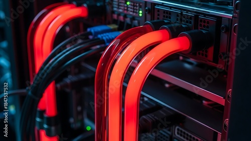 Bright red liquid cooling tubes attached to a data center server unit