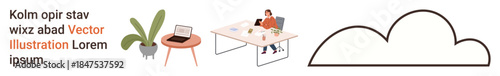 Remote work, freelancing, cloud technology, productivity, modern workspace, home office culture. A desk, a laptop a working individual a plant and a cloud symbol. Remote work and cloud technology