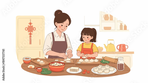 Illustration of a woman and a child preparing food together in a kitchen with various ingredients.