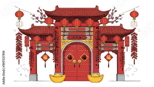 Illustration of a traditional Chinese gate with red lanterns and decorations on a white background.
