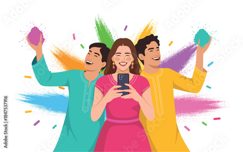 Vibrant friends celebrating Holi with colorful powders and smartphone