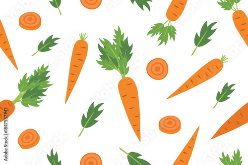 Carrot vegetable seamless pattern. Nature background of carrot isolated on white. Gardening, farming and food concept. Vector flat banner. 