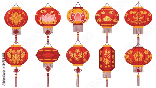 Close-up of multiple traditional Chinese red lanterns with golden designs hanging in two rows against a white background.