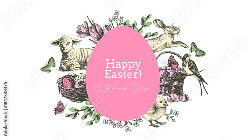 Vintage Easter hand drawn collage banner. Spring greeting cards and invitation design. Retro sketch vector illustration. Stickers collage elements