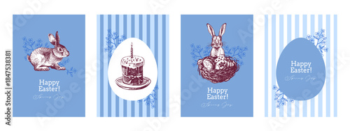 Vintage Easter hand drawn banner set. Spring greeting cards and invitation design. Retro sketch vector illustration. Stickers collage elements