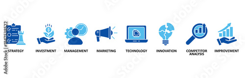 Business development banner web icon set In Blue Style vector illustration foricon of strategy, investment, management, marketing, technology, innovation, competitor analysis, improvement