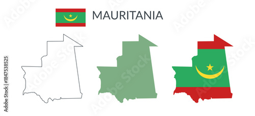 Mauritania geographical borders isolated on white background. Flag of Mauritania. Vector flat cliparts.