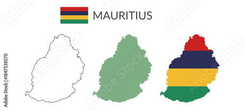 Mauritius geographical borders isolated on white background. Flag of Mauritius. Vector flat cliparts.