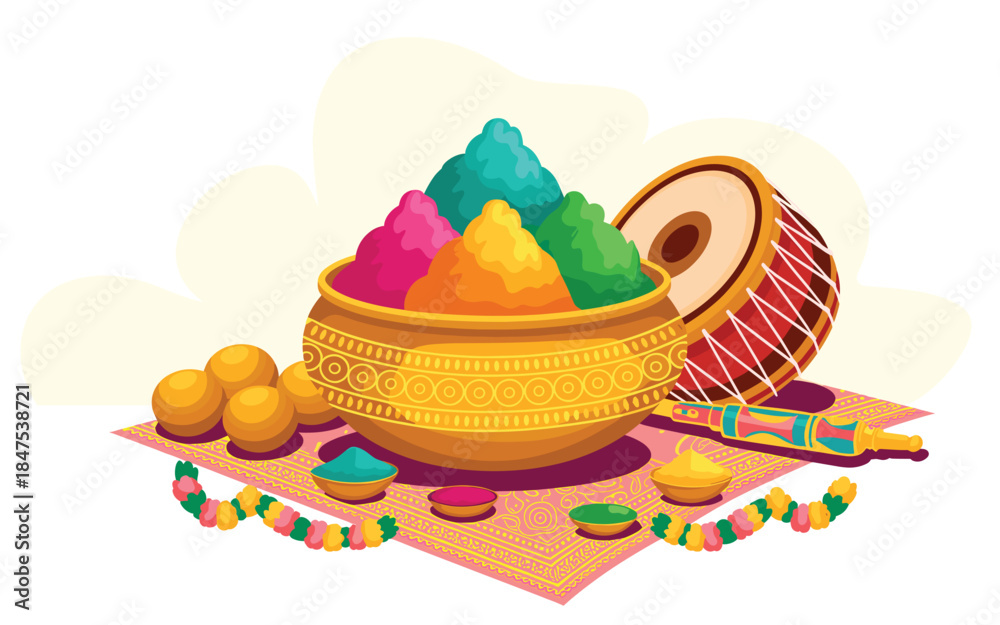 Fototapeta premium Vibrant Holi celebration with colorful powders and traditional Indian instruments