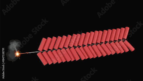 A lit stick of dynamite with multiple red cylindrical explosive sticks attached in a chain against a black background with smoke.