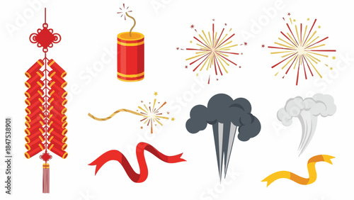 Colorful flat lay of various festive firework and firecracker illustrations on a clean white background.