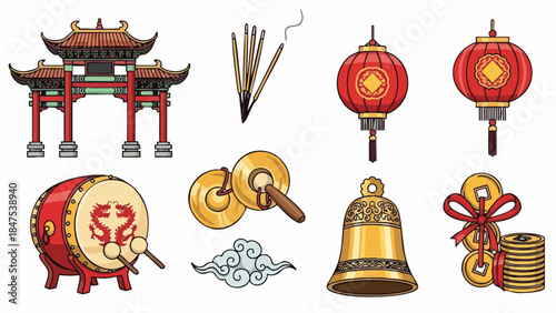 Collection of traditional Chinese New Year decorative elements including a temple gate, lanterns, drum, coins, and incense on a white background.