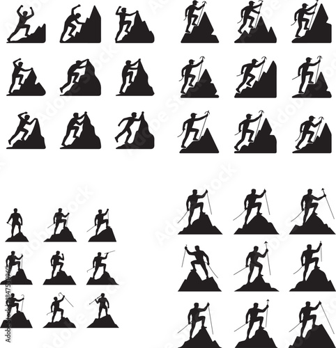 “Mountain Climber at Peak Silhouette – Summit Achievement, Goal, Success Icon”