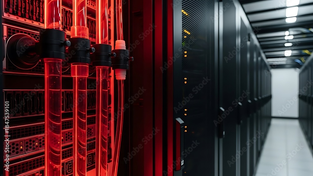Obraz premium Data center server racks with bright red liquid cooling tubes and status lights