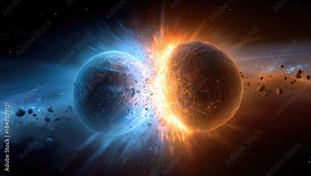 Obraz premium Two celestial bodies collide in a cosmic explosion of blue and orange light, surrounded by debris