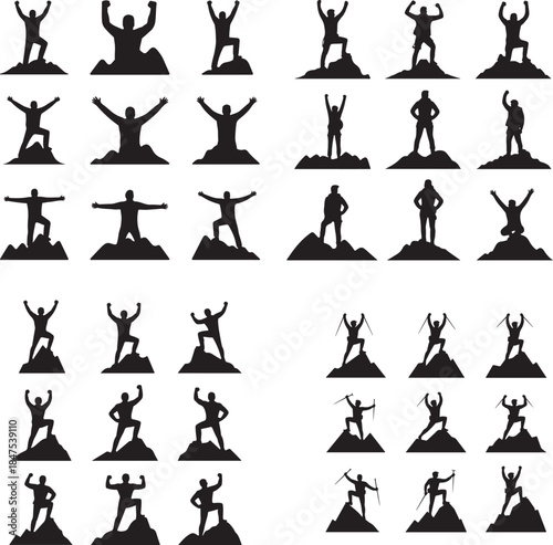 “Mountain Climber at Peak Silhouette – Summit Achievement, Goal, Success Icon”