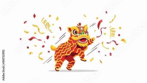 A vibrant lion dance performer in red and yellow costume surrounded by colorful confetti on a white background with a celebratory mood.