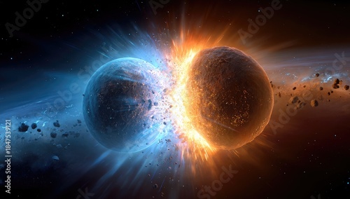 Two celestial bodies collide in a cosmic explosion of blue and orange light, surrounded by debris