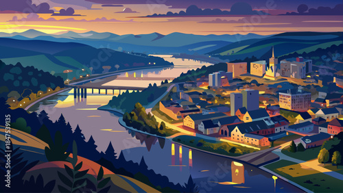 Very beautiful aerial view of Wheeling, West Virginia at dusk, featuring the Ohio River glowing softly, city lights reflecting on calm water, and a serene urban landscape from high perspective.