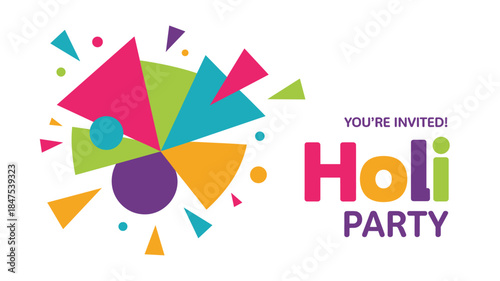 Vibrant Holi party invitation with colorful geometric shapes