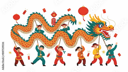 Illustration of people performing a traditional dragon dance with a vibrant dragon and red lanterns on a white background.