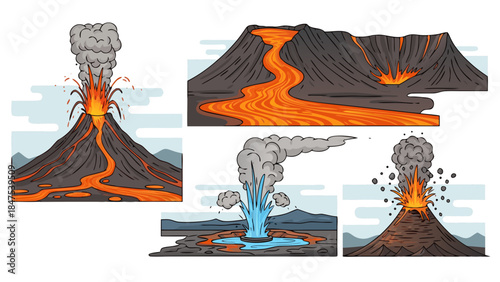 Different types of volcanic eruptions and geothermal features illustration