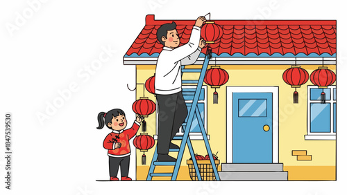 Illustration of a man and a girl hanging red lanterns on a house roof with a ladder and yellow walls.