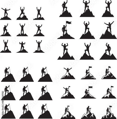 “Mountain Climber at Peak Silhouette – Summit Achievement, Goal, Success Icon”