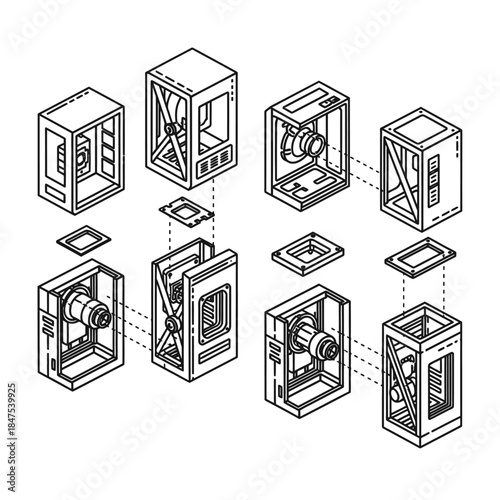 An intricate isometric line art illustration showcases modular technological components and their assembly, symbolizing data infrastructure and advanced engineering concepts.