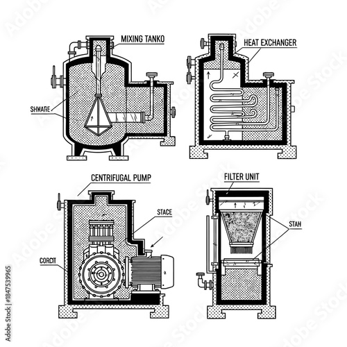 Precise technical diagrams illustrate industrial process equipment, including mixing tanks, a heat exchanger, centrifugal pump, and filter unit, essential for engineering design.