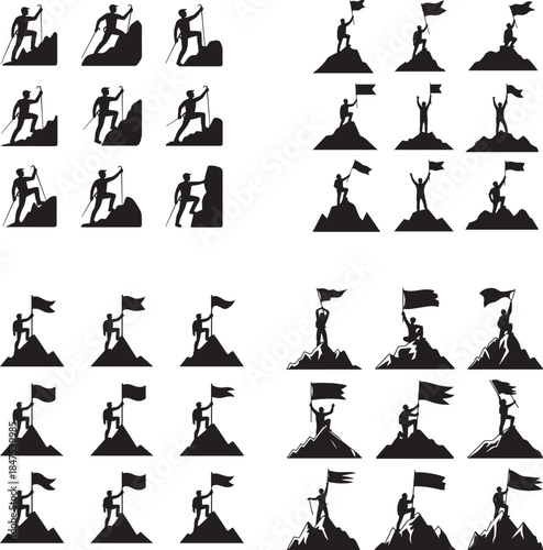 “Mountain Climber at Peak Silhouette – Summit Achievement, Goal, Success Icon”