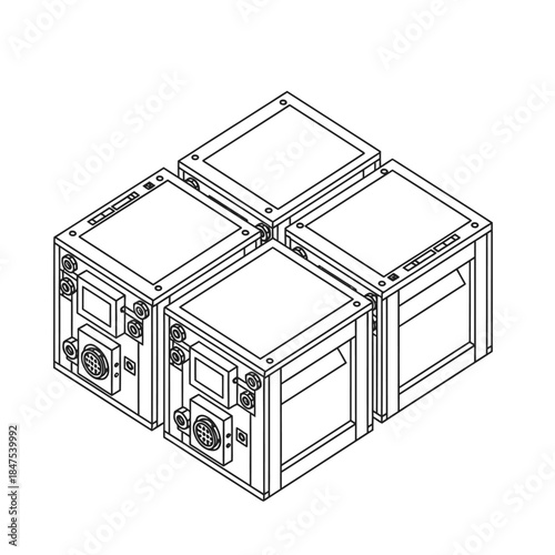 An isometric line drawing illustrates four interconnected modular server units, showcasing their compact design and technical components for data processing.