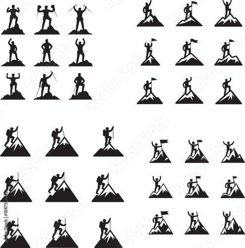 “Mountain Climber at Peak Silhouette – Summit Achievement, Goal, Success Icon”