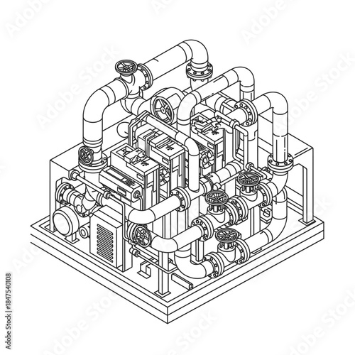 Detailed isometric line drawing illustrating a complex industrial pump and piping system with numerous valves and connections for fluid transfer.