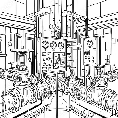 Detailed black and white line art illustration showcasing a complex industrial pipe system with numerous valves and control panels in a utility room setting.