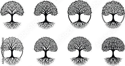 Tree of Life silhouette, black tree illustration, spiritual growth symbol, nature roots design, sacred geometry, vector art, symmetrical canopy