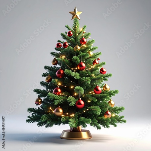 Festively Decorated Christmas Tree with Red and Gold Ornaments and Warm Fairy Lights