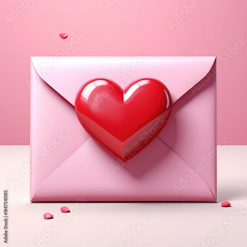Red Heart Shaped Love Letter Envelope on Pink Background for Romantic Messages and Celebrations