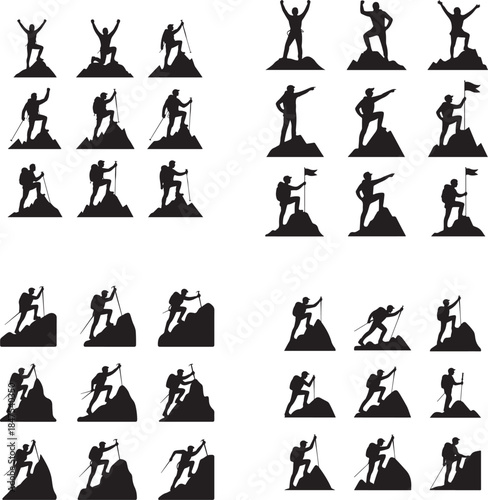 “Mountain Climber at Peak Silhouette – Summit Achievement, Goal, Success Icon”