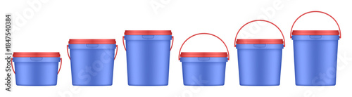 Blue plastic buckets with red handle and lid. Vector mockup of a food or building mixtures packaging. A bucket of paint or putty. Small, medium and large sizes