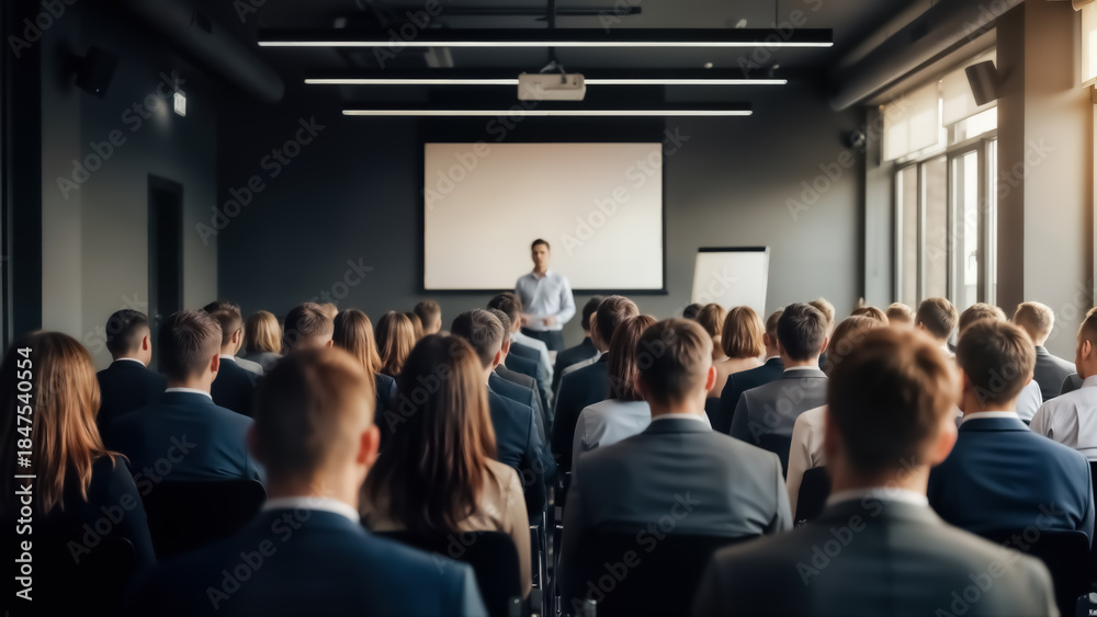 Obraz premium Businessman giving a presentation to a large audience in a conference room with a projector screen on the wall