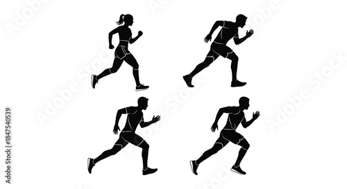 Four silhouetted runners in motion against a white background.