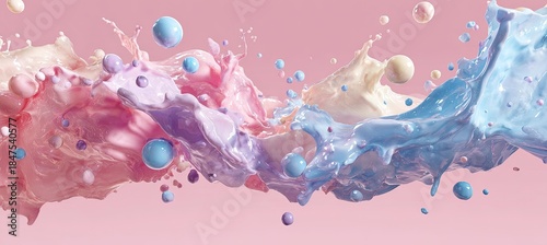 Abstract artwork of colorful liquid with spheres in motion.
