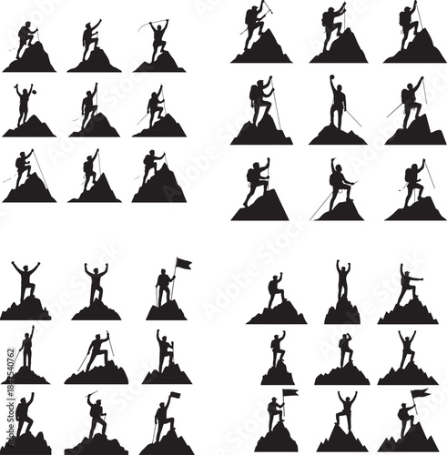 “Mountain Climber at Peak Silhouette – Summit Achievement, Goal, Success Icon”