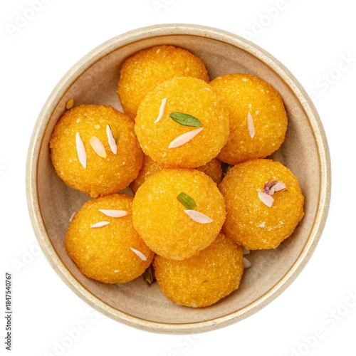 Traditional Indian Motichoor Laddu Served in Bowl, Overhead View