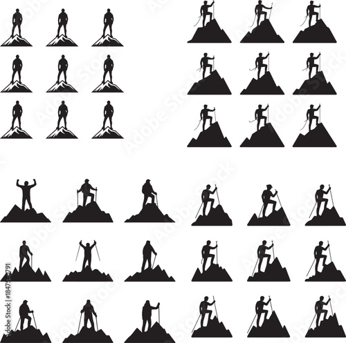 “Mountain Climber at Peak Silhouette – Summit Achievement, Goal, Success Icon”